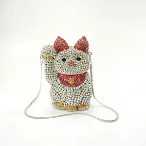 Luxuriöse kristallbesetzte Maneki-neko Glückskatze Abendtasche mit Silberkette