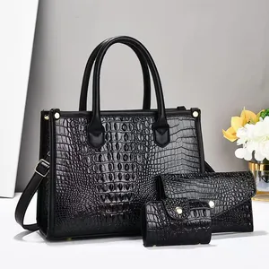 Elegantes dreiteiliges Handtaschen-Set mit schwarzem Krokodilmuster für Frauen