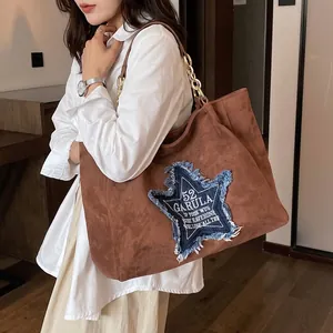 Vintage Large Capacity Suede Tote Bag For Women Denim Star Patchwork Metal Chain Shoulder Bag Versatile Commuter Travel Handbag