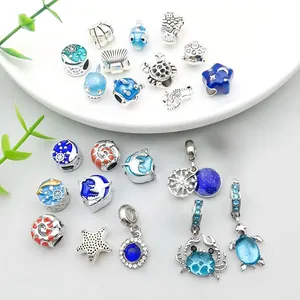 Variety of ocean-themed silver alloy DIY charms including starfish, crab, and sea turtles
