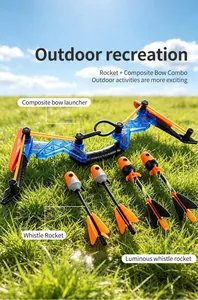 Outdoor kids composite bow launcher toy set with four whistle rockets on green grass