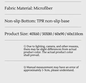 Product specifications for microfiber absorbent non-slip bathroom mat including sizes