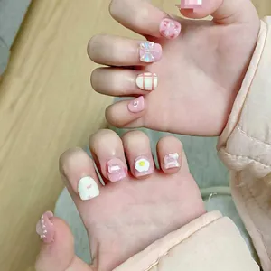 Kids Press On Nails Pink White 3D Bow Artificial Pearl Decoration Sweet Cartoon Style Artificial Nail Tips