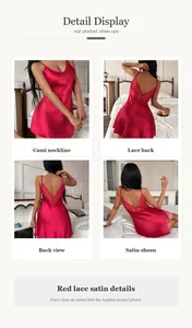 Viste dettagliate di una camicia da notte in raso rosso con schiena in pizzo e lucentezza.