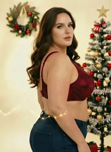 Nahaufnahme eines weinroten Plus-Size-Push-up-BHs an einem Modell in festlicher Deko