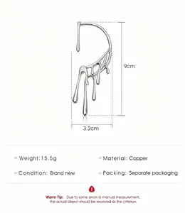 Detailed view of silver liquid drip ear cuff with dimensions and copper material