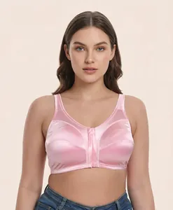 Detailed front view of a pink satin non-wired plus size bra with zipper closure on a model