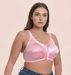 Close-up of pink satin wireless bra featuring a smooth seamless breathable comfort design