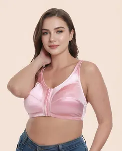 Professional detail shot of a plus-size pink satin wire-free bra with front closure