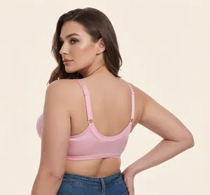 Detail back view of a smooth pink satin wireless bra with adjustable shoulder straps