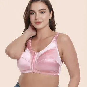 Pink plus size satin wire-free bra with front closure for comfort and breathable fit.