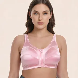 Plus size pink satin wireless bra with comfortable seamless design for women