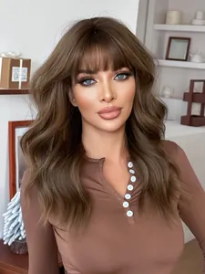 Detail of 21-inch brown wavy wig with bangs, showcasing soft and natural hair texture.