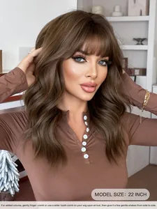 Detail view of a 22-inch brown wavy wig with bangs on a model in a modern interior setting