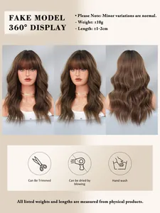 Detailed view of a 21-inch brown wavy wig with bangs from three different angles.