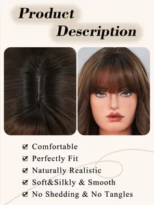 Detailed view of brown wavy wig with realistic scalp and bangs for daily use 21in