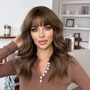 Long Wavy Curly Synthetic Wig With Flat Bangs Oatmeal Brown Heat Resistant Fiber Hair For Women Daily Party Cosplay