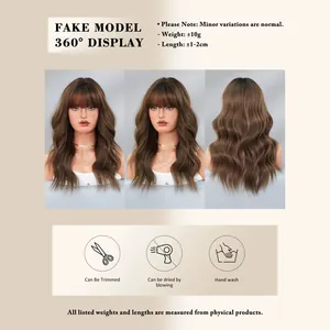Long brown wavy synthetic wig with bangs for women, 21 inch natural style hairpiece