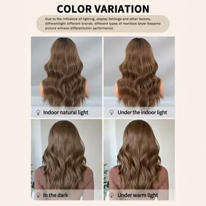 21-inch long wavy brown wig showing color variation under different lighting conditions