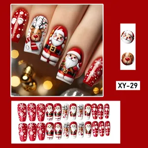 Festive red Christmas press-on nails with Santa Claus and reindeer motifs, 24-piece set.