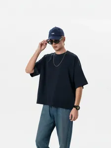 T-shirt crop pesante 250g stile americano boxy clean fit blu navy per uomo