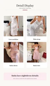 Primeros planos detallados de camisón de satén con encaje y elegantes tirantes finos.