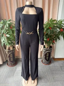 Elegant black long-sleeve wide-leg jumpsuit with stylish cutout mock neck and gold belt