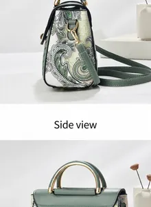 Side view and detail of vintage paisley print crossbody handbag with top handle