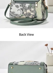 Detailed views of vintage floral crossbody bag showing back zipper and golden bottom studs