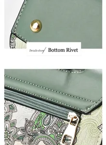 Detailed close-up showing gold bottom rivets and vintage floral pattern of the bag