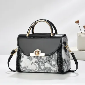 Luxury Patchwork Shoulder Bag Paisley Print PU Leather Handbag With Gold Metal Handle Twist Lock For Women Daily Commute