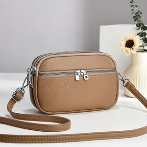 Damen Koreanisch Einfache PU-Leder Umhängetasche Kleine Quadratische Tasche Mit Dreischichtigem Reißverschluss Litschimuster Schultertasche