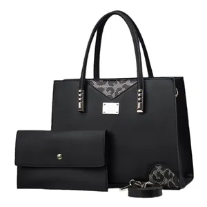 Elegant black women's leather tote handbag and wallet set for office and daily commute