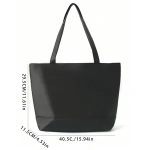 Black large capacity tote bag, stylish PU leather casual shoulder handbag for daily commute.