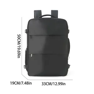 Multi-functional black travel backpack with large capacity and multiple zipper compartments.