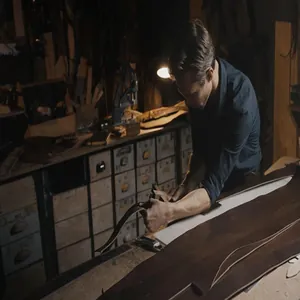Professional craftsman handcrafting a premium leather belt for men in a vintage workshop
