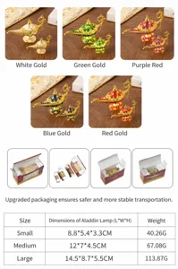Vintage metal Aladdin magic lamp ornaments in five colors with detailed size and weight chart