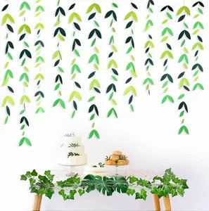 Hanging paper leaf garland party decoration green streamer banner for wedding and birthday celebration.