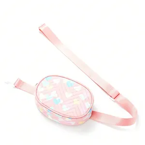 Cute kids waist bag with heart print, pink chest bag, portable outdoor sport storage bag.