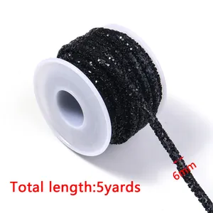 Black rhinestone sequin braided rope spool, 6mm width, 5 yards long for craft trim.