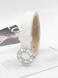 White glitter women belt with crystal rhinestone round buckle sparkling detailed view fashion