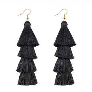 Schwarze 4-lagige Quasten Ohrringe, elegante Stoff Fransen Ohrhänger Modeschmuck Accessoire.