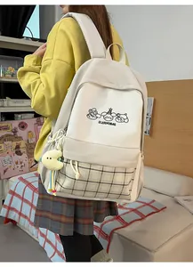 Cute Japanese style campus backpack for women casual school bookbag with plaid pocket