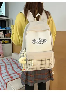 Cute Japanese style canvas backpack for teen girls, preppy plaid school bag with lovely prints.