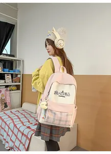 Cute Japanese style pink plaid school backpack for teenage girls cute student book bag.