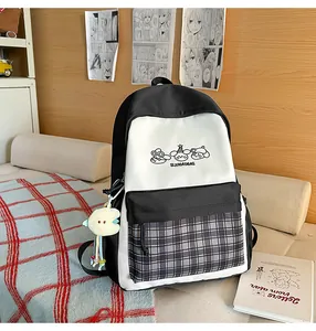 Canvas school backpack college style black and white plaid bookbag with cute pendant