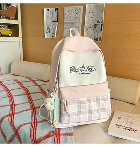 Cute Japanese ins style pink white checkered school backpack for students casual daily use.