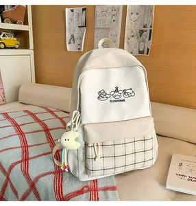 Japanese style cute canvas school backpack with plaid front pocket casual daypack for teens