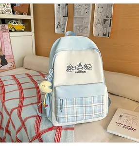 Cute Japanese style plaid school backpack for teen girls, light blue and white aesthetic bookbag