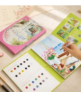 Professional A4 tri-fold watercolor set showing solid paints, pearl pigments and art paper